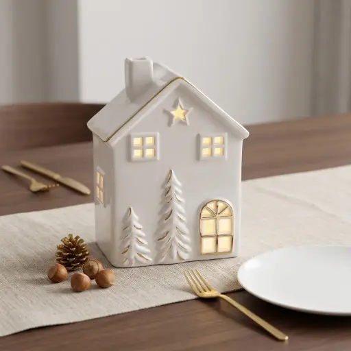 [CH26-CER35] 360 HOME CHRISTMAS LANTERN CERAMIC WHITE ILLUMINATED DOOR AND WINDOWS 10.7X7.7X15.8CM