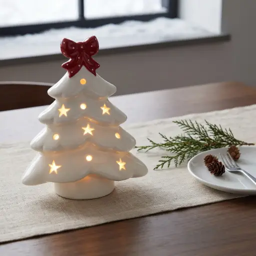 [CH26-CER36] 360 HOME CHRISTMAS LANTERN CERAMIC WHITE TREE WITH RED BOW ILLUMINATED 14.5x7.7x18.7CM