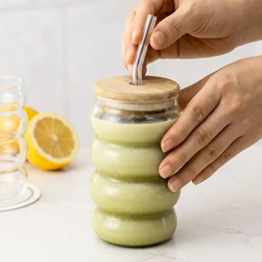 [MK-MGS1] 360 HOME MY KITCHEN GLASS MUG WITHOUT HANDLE, STRAW & WOODEN LID 420ml 98pcs/box