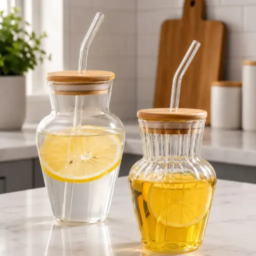 [MK-MGS2] 360 HOME MY KITCHEN GLASS MUG WITHOUT HANDLE, STRAW & WOODEN LID 420ml 98pcs/box