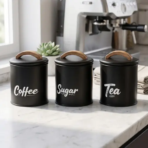 [MK-MSET5] 360 HOME Kitchen Storage Canister Set – Coffee, Sugar & Tea SET 3PCS BLACK 10.9*16.5CM IRON WROUGHT