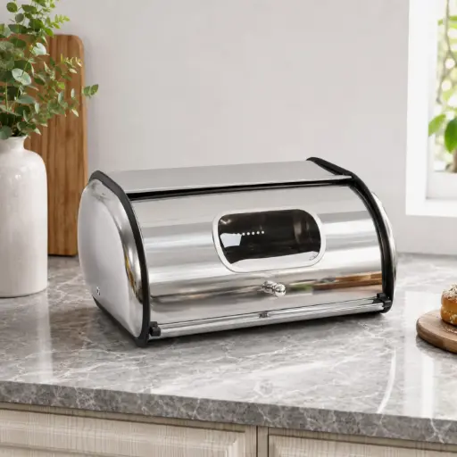 [MK-MSET8] 360 HOME Bread Box with Roll-Top Lid and Transparent Window STAINLESS STEEL 33X23.5X15CM IRON WROUGHT