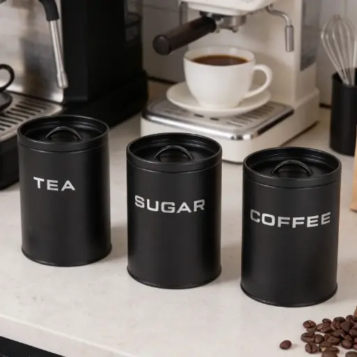 [MK-MSET10] 360 HOME Kitchen Storage Canisters with Lids – Tea, Sugar & Coffee SET 3PCS BLACK  CYLINDRICAL 11X11X15CM IRON WROUGHT