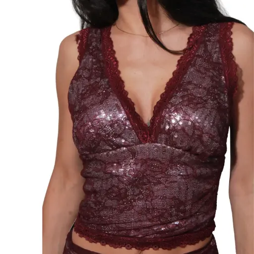 [14729(A147] 360 COTTON WOMAN TOP DRAPED DEEP V-NECK SEQUIN  COWL-NECK BURGUNDY WITH METALLIC SILVER SHIMMER