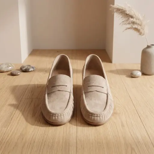 [9799(Z31] 360 COTTON WOMAN SHOES PENNY LOAFER LOW INTEGRATED WEDGE SOLE SUEDE BEIGE 37
