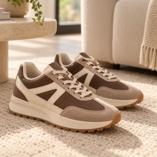 [AD620(Z121] 360 COTTON WOMAN SHOES RUNNER SNEAKER BROWN SUEDE & FABRIC SOFT GREY dual-stripe graphic overlay 37