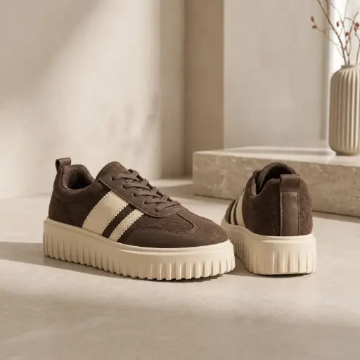 [2232(Z136] 360 COTTON WOMAN SHOES CHUNKY PLATFORM CREEPER SNEAKER CHOCOLATE SUEDE VERTICAL CREAM STRIPES 37