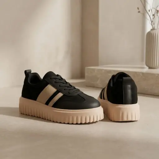 [2232(Z141] 360 COTTON WOMAN SHOES CHUNKY PLATFORM CREEPER SNEAKER BLACK SUEDE VERTICAL CREAM STRIPES 37