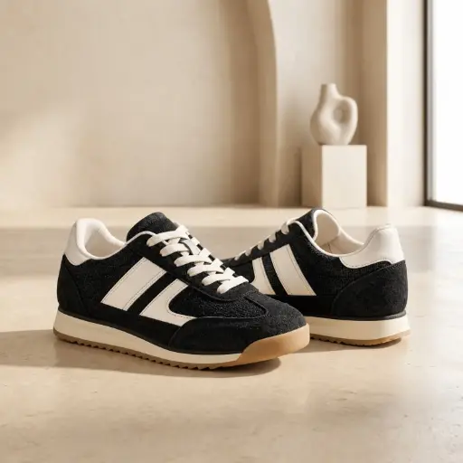 [AD623(Z156] 360 COTTON WOMAN SHOES BLACK RETRO RUNNER SNEAKER CREAM GEOMETRIC SIDE STRIPE 37