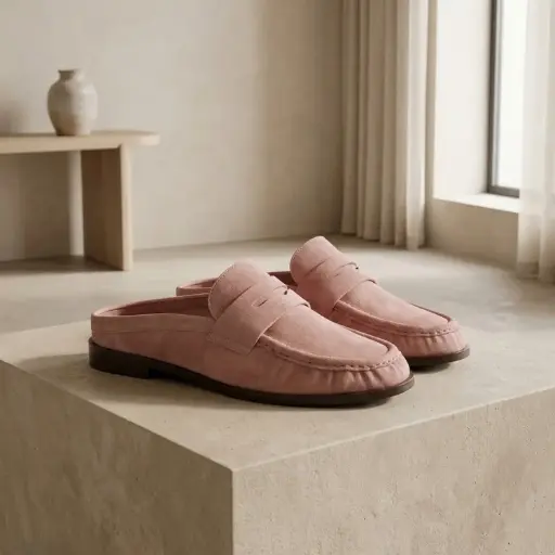 [P3822-02(Z201] 360 COTTON WOMAN SHOES SUEDE LOAFER ROUNDED TOE WIDE STRAP ACROSS THE VAMP DUSTY PINK 37