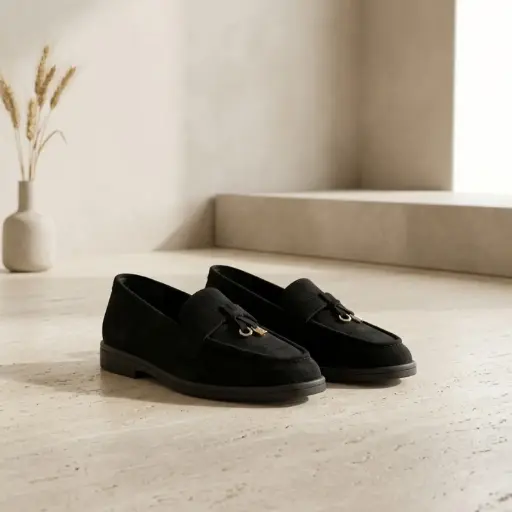 [623(Z226] 360 COTTON WOMAN SHOES LOAFER ROUNDED TOE SUEDE SLIP-ON DESIGN GOLD TONE CHAIN LOW FLAT SOLE BLACK 37