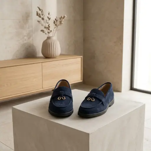 [623(Z246] 360 COTTON WOMAN SHOES LOAFER ROUNDED TOE SUEDE SLIP-ON DESIGN METALLIC BUCKLE LOW FLAT SOLE  NAVY BLUE 37