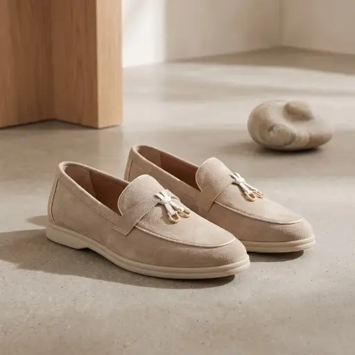 [2836(Z261] 360 COTTON WOMAN SHOES LOAFER ROUNDED TOE SUEDE SLIP-ON DESIGN METALLIC CHAIN LOW FLAT SOLE  TAUPE  37