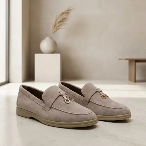 [2836(Z271] 360 COTTON WOMAN SHOES LOAFER ROUNDED TOE SLIP-ON DESIGN METALLIC BOW SUEDE TAUPE 37