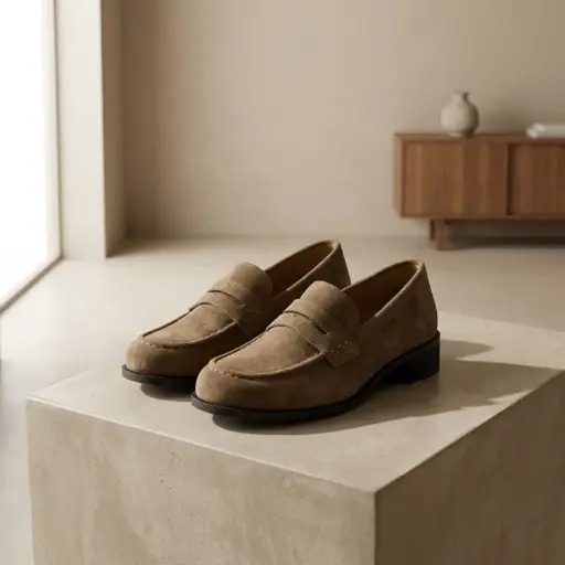 [H178(Z291] 360 COTTON WOMAN SHOES LOAFER SUEDE ROUNDED TOE DECORATIVE STRAP MOCASSIN-STYLE LOW FLAT SOLE BROWN 37