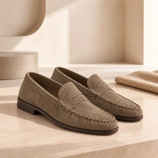 [Q179(Z306] 360 COTTON WOMAN SHOES LOAFER SUEDE ROUNDED TOE DECORATIVE STRAP MOCASSIN-STYLE LOW FLAT SOLE TAUPE/BROWN 37