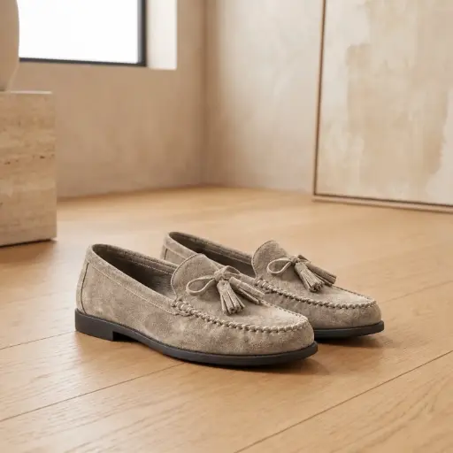 [K288(Z311] 360 COTTON WOMAN SHOES LOAFER SUEDE ROUNDED TOE DECORATIVE STRAP MOCASSIN-STYLE LOW FLAT SOLE TAUPE/GREY 37