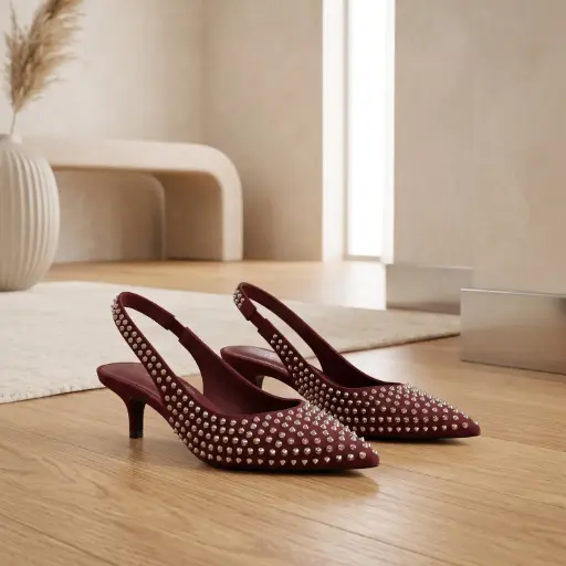[H172(Z346] 360 COTTON WOMAN SHOES FLAT POINTED TOE BEADED ACROSS THE UPPER SLIM ADJUSTABLE SLINGBACK STRAP BURGUNDY 37