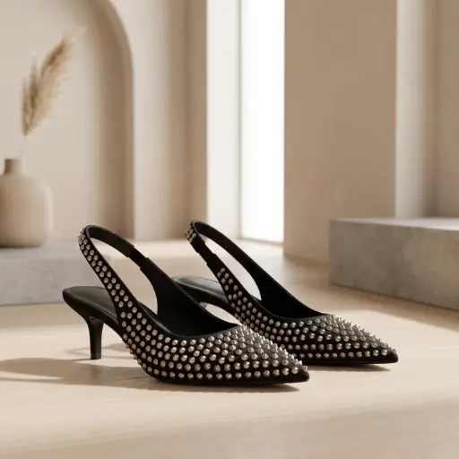 [H172(Z351] 360 COTTON WOMAN SHOES FLAT POINTED TOE BEADED ACROSS THE UPPER SLIM ADJUSTABLE SLINGBACK STRAP BLACK 37