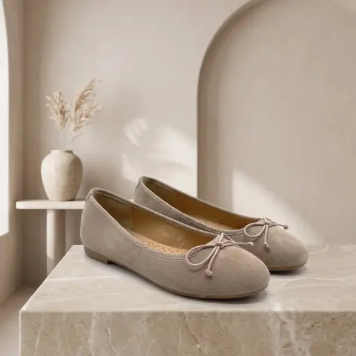[A8612(Z386] 360 COTTON WOMAN SHOES FLAT BALLET ROUNDED TOE SOFT SUEDE UPPER BOW ON THE VAMP LOW FLAT SOLE TAUPE 37