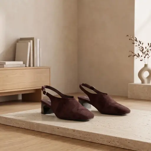 [KL2973(Z406] 360 COTTON WOMAN SHOES FLAT SLINGBACK ROUNDED TOE ADJUSTABLE ANKLE STRAP OPEN HEEL SUEDE BROWN 37