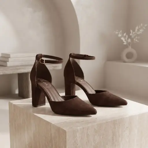 [6401(Z421] 360 COTTON WOMAN SHOES HIGH CHUNKY BLOCK HEEL SUEDE PUMPS POINTED TOE CLOSED FRONT SLIM ANKLE STRAP DARK BROWN 37