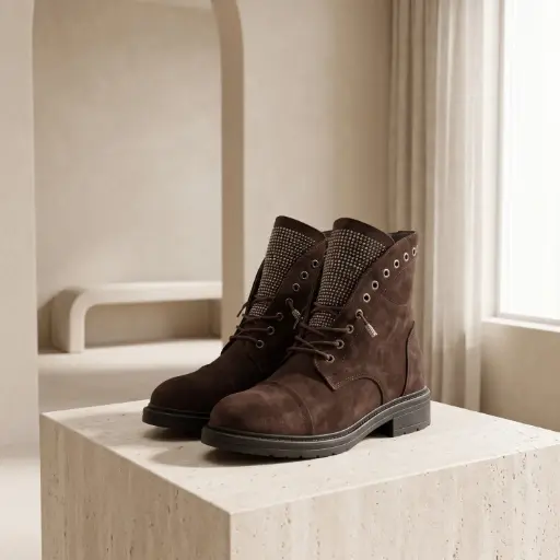 [G731A(Z496] 360 COTTON WOMAN SHOES ankle boots rounded toe lace-up front padded collar low flat rubber sole suede dark brown 37