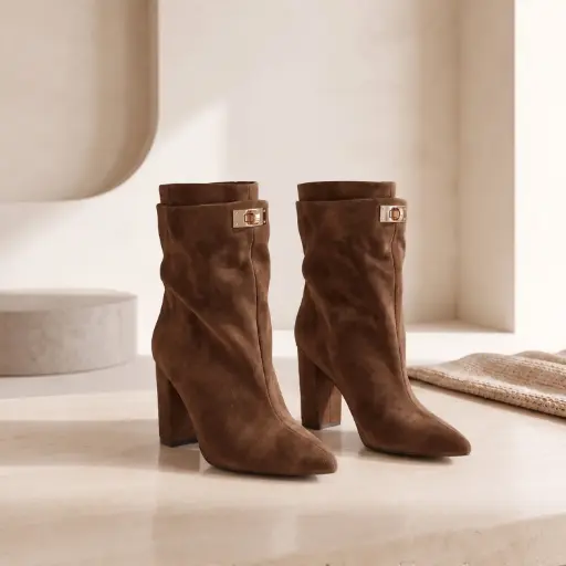 [DF9002(Z521] 360 COTTON WOMAN SHOES boots knee-high pointed toe slim shaft side zipper gold-tone buckle medium heel suede camel 37