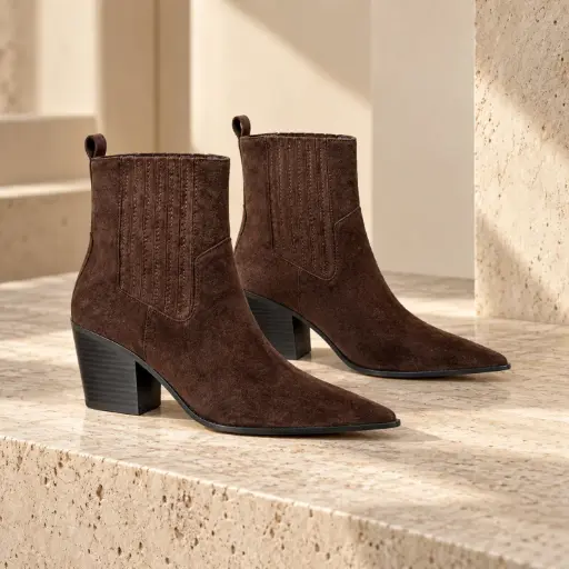 [YY-96(Z561] 360 COTTON WOMAN SHOES BOOTS ANKLE POINTED TOERIBBED/STRETCH SHAFT SIDE ZIPPER MEDIUM HEIGHT BLOCK HEEL SUEDE DARK BROWN 37