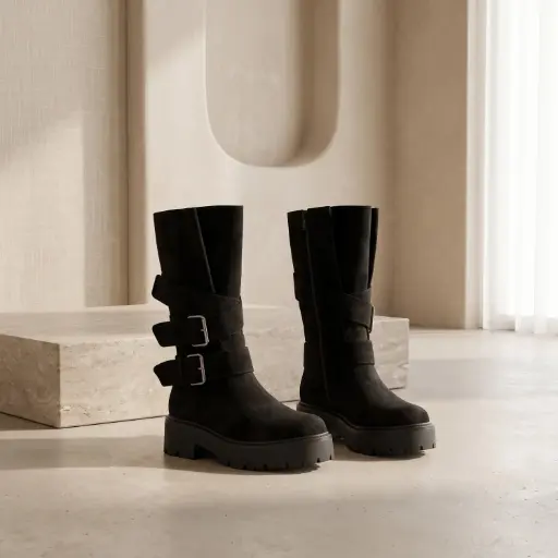 [MS1653(Z596] 360 COTTON WOMAN SHOES BOOTS ANKLE  ADJUSTABLE BUCKLES ROUNDED TO ALMOND TOE SIDE ZIPPER CHUNCKY RUBBER SOLE BLACK 37