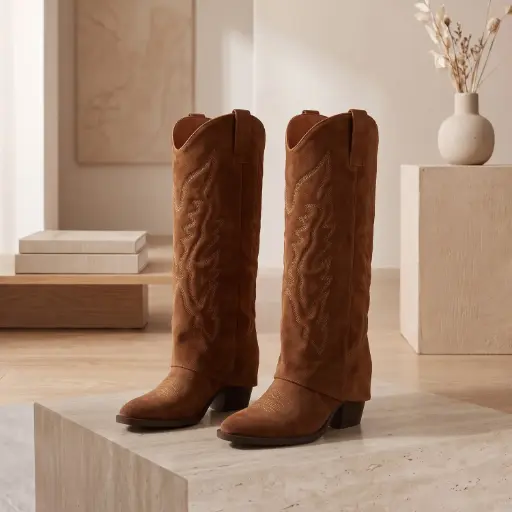 [A265(Z651] 360 COTTON WOMAN SHOES BOOTS KNEE-HIGH COW-BOY STYLE ROUNDED-POINTED TOE LOW STACKED HEEL CAMEL 37