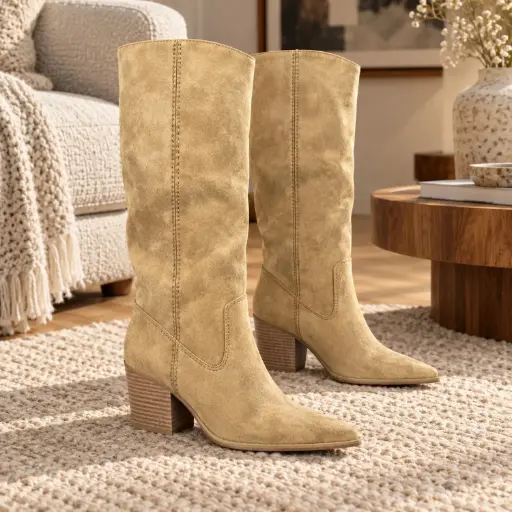 [1015(Z666] 360 COTTON WOMAN SHOES BOOTS KNEE-HIGH WESTERN SUEDE TALL FITTED SHAFT POINTED TOE STITSCHED DETAILING BEIGE/CAMEL 37