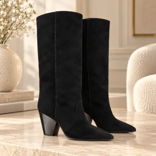 [1015(Z676] 360 COTTON WOMAN SHOES BOOTS KNEE-HIGH TALL FITTED SHAFT POINTED TOE SIDE STITCHING MEDIUM HEIGHT BLOCK HEEL SUEDE BLACK 37