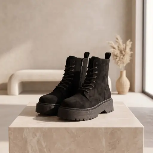 [G723(Z706] 360 COTTON WOMAN SHOES BOOTS ANKLE LACE-UP PADDED COLLAR ROUNDED TOE DARK LACES THICK RUBBER LUG SOLE  SUEDE BLACK 37