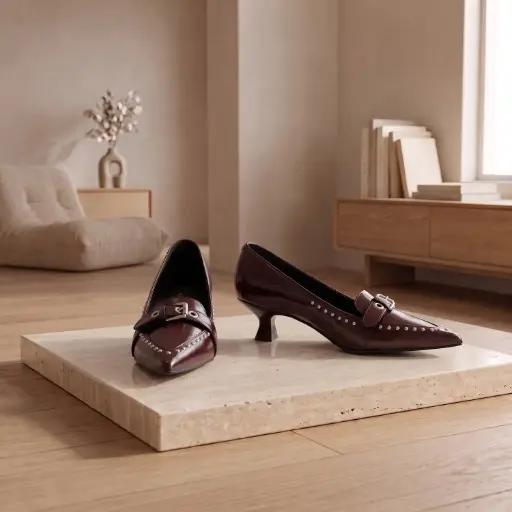 [YL5042(Z711] 360 COTTON WOMAN SHOES LOAFER LEATHER POINTED TOE DOUBLE STRAP DETAILACROSS THE VAMP METALLIC BUCKLE LOW BLOCK HEEL BURGUNDY 37