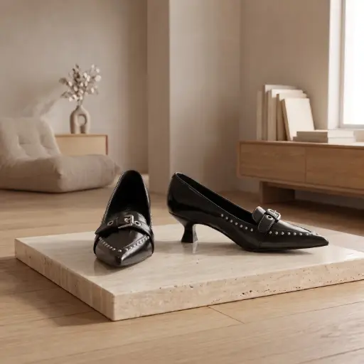 [YL5042(Z716] 360 COTTON WOMAN SHOES LOAFER LEATHER POINTED TOE DOUBLE STRAP DETAILACROSS THE VAMP METALLIC BUCKLE LOW BLOCK HEEL BLACK 37