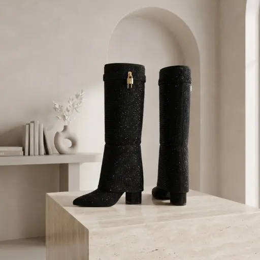 [G719(Z736] 360 COTTON WOMAN SHOES BOOTS KNEE-HIGH TALL FITTED SHAFT SIDE ZIPPER SLIM HIGH HEEL SUEDE BLACK 37