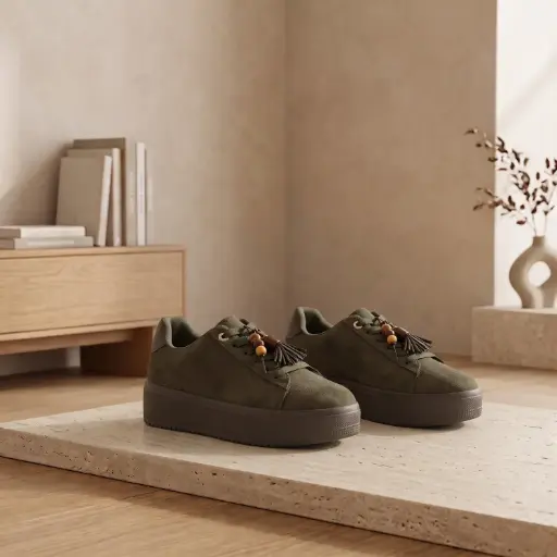 [2326(Z781] 360 COTTON WOMAN SHOES SNEAKER LACE-UP FRONT FABRIC/SUEDE PADDED COLLAR ROUNDED TOE VULCANIZED THICK BLACK RUBBER SOLE SPORTY LACE DETAILS  OLIVE GREEN 37