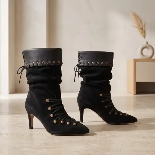 [K1336(Z816] 360 COTTON WOMAN SHOES BOOTS ANKLE POINTED TOE METALLIC STUDS ON THE SIDE WRAPAROUND CUFF DETAIL HIGH STILETTO HEEL SUEDE BLACK 37