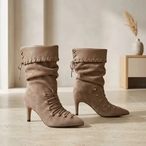 [K1336(Z821] 360 COTTON WOMAN SHOES BOOTS ANKLE POINTED TOE METALLIC STUDS ON THE SIDE WRAPAROUND CUFF DETAIL HIGH STILETTO HEEL SUEDE BEIGE/TAUPE 37