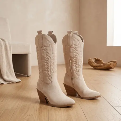 [J36(Z926] 360 COTTON WOMAN SHOES BOOTS KNEE-HIGH WESTERN TALL FITTED SHAFT POINTED TOE WESTERN STYLE STITCHED DETAILS SUEDE CREAM 37