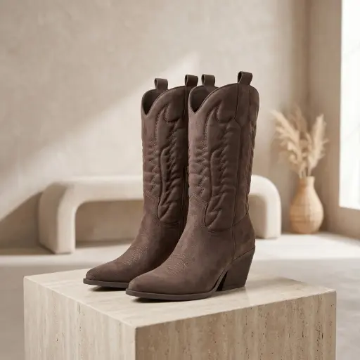 [J36(Z931] 360 COTTON WOMAN SHOES BOOTS KNEE-HIGH WESTERN TALL FITTED SHAFT POINTED TOE WESTERN STYLE STITCHED DETAILS SUEDE BROWN 37