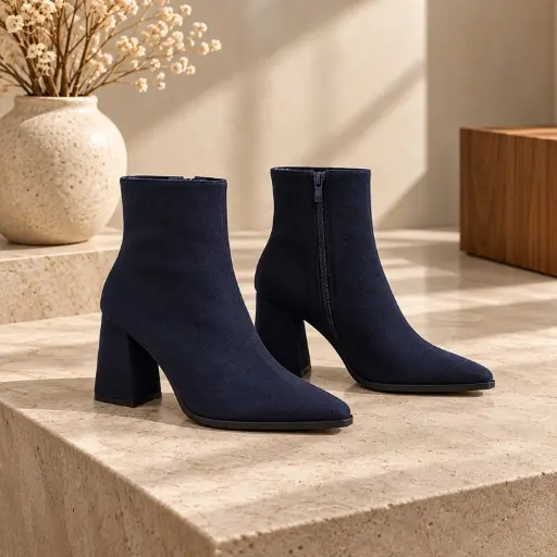 [8988-1(Z961] 360 COTTON WOMAN SHOES BOOTS ANKLE  POINTED TOE FITTED SHAFT SIDE ZIPPER MEDIUM HEIGHT BLOCK HEEL LEATHER NAVY BLUE 37