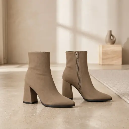 [8988-1(Z971] 360 COTTON WOMAN SHOES BOOTS ANKLE  POINTED TOE FITTED SHAFT SIDE ZIPPER MEDIUM HEIGHT BLOCK HEEL LEATHER TAUPE 37