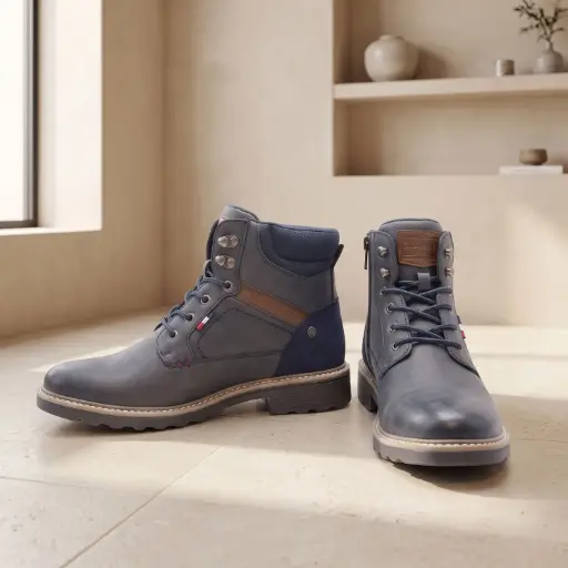 [Y177A26] 360 COTTON MEN SHOES ANKLE BOOTS ROUNDED TOE LACING SMOOTH LEATHER UPPER LOW FLAT RUBBER SOLE NAVY BLUE 41