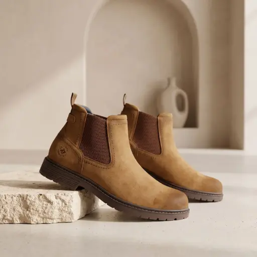 [Y275A106] 360 COTTON MEN SHOES CHELSEA ANKLE BOOTS ROUNDED TO ALMOND TOE ELASTIC SIDE PANELS SMOOTH FABRIC/SUEDE UPPER CLASSIC AND VERSATILE MUSTARD 41