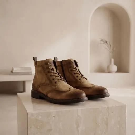 [Y328A131] 360 COTTON MEN SHOES ANKLE BOOTS ROUNDED TOE PADDED COLLAR METAL EYELETS FULL FRONT LACING SUEDE UPPER LOW RUGGED RUBBER SOLE SUEDE TAUPE 41