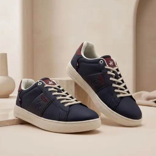 [BHM62466001436A171] 360 COTTON MEN SHOES CANVAS/TEXTILE UPPER WHITE LACE-UP FRONT WHITE SIDE DETAILING WHITE RUBBER SOLE CASUAL RETRO NAVY BLUE 41