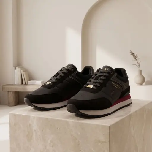 [BHM6230000003A181] 360 COTTON MEN SHOES MESH/FABRIC UPPER BLACK LACE-UP FRONT PADDED COLLAR RED ACCENT MIDSOLE FLAT RUBBER OUTSOLE SPORTY AND MODERN DESIGN BLACK 41