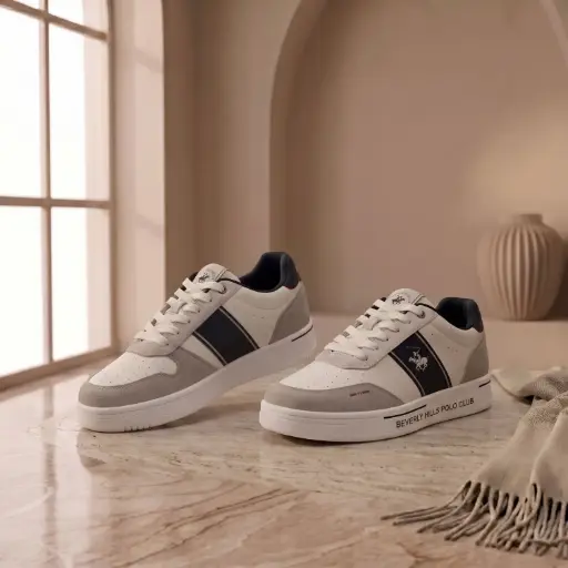 [BHM6241050061A196] 360 COTTON MEN SHOES CASUAL SMOOTH LEATHER-UP BEIGE/GREIGE SIDE DETAILING WHITE RUBBER SOLE VERSATILE DESIGN LOW-TOP WHITE 41